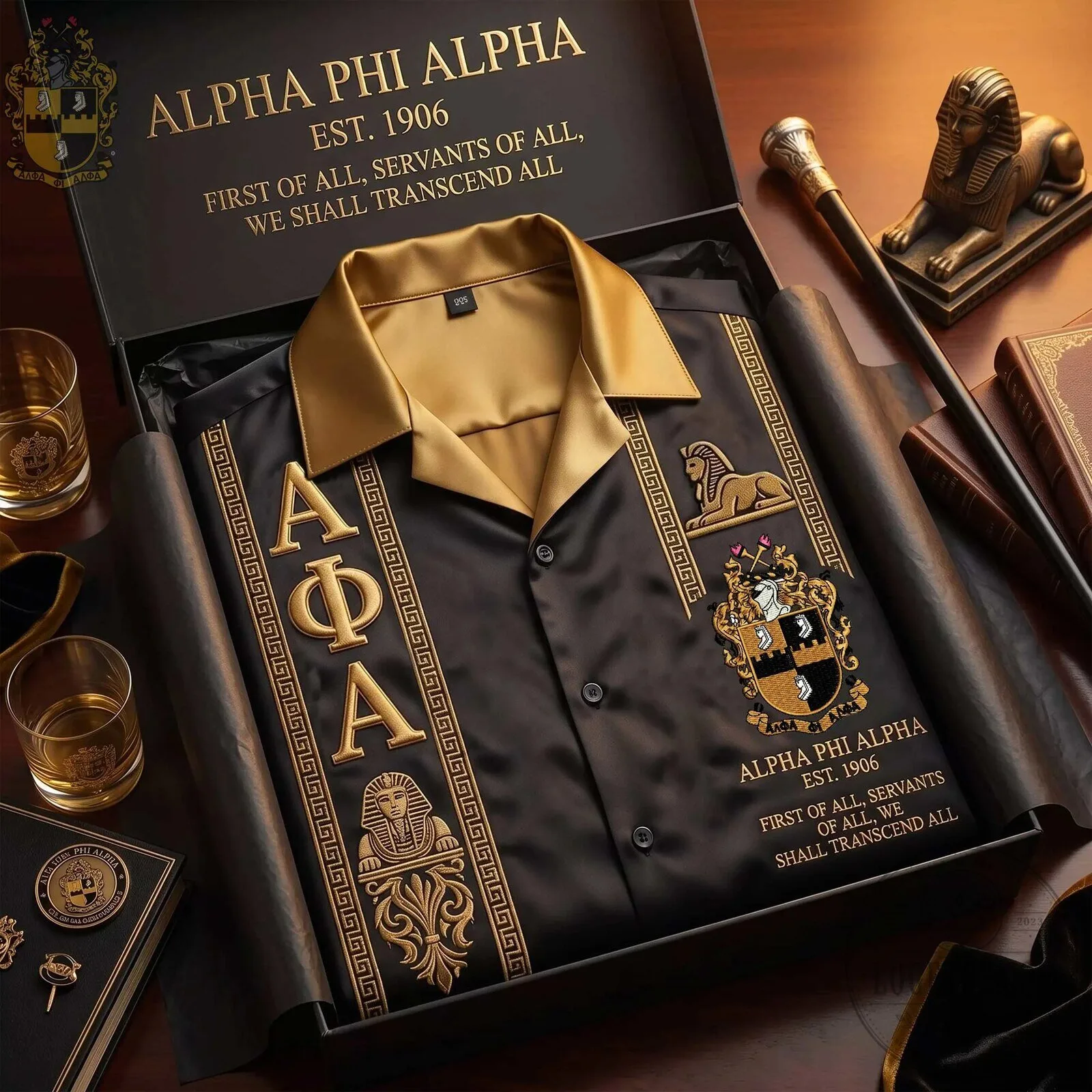 Hawaiian Shirt with Greek Letters in Black and Gold for Alpha Phi Alpha Fraternity