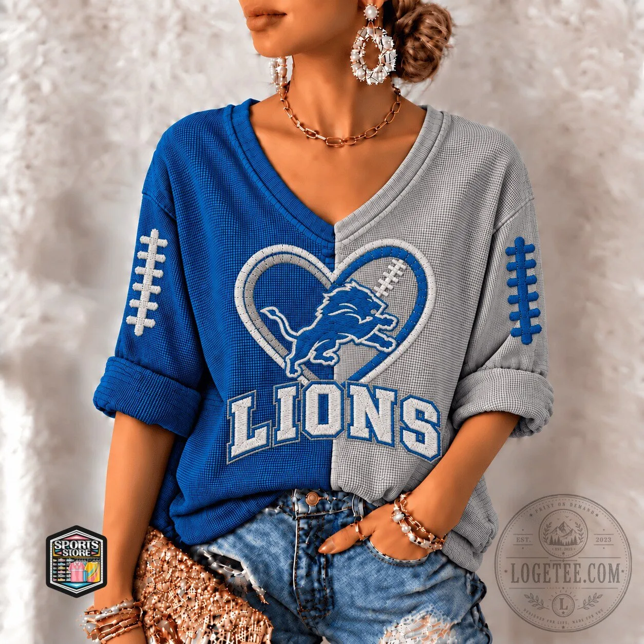 Detroit Lions Women's Split Color Football Heart Design Long Sleeve Shirt
