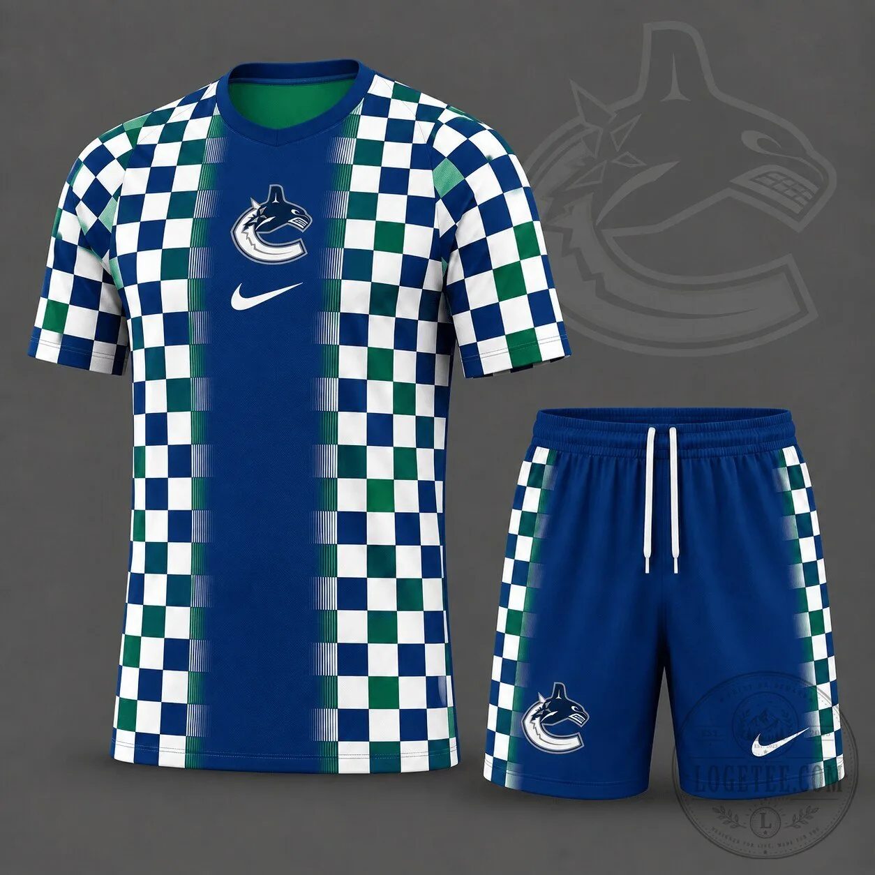 Vancouver Canucks Checkerboard Fusion Blue and Green Hockey Fan Jersey