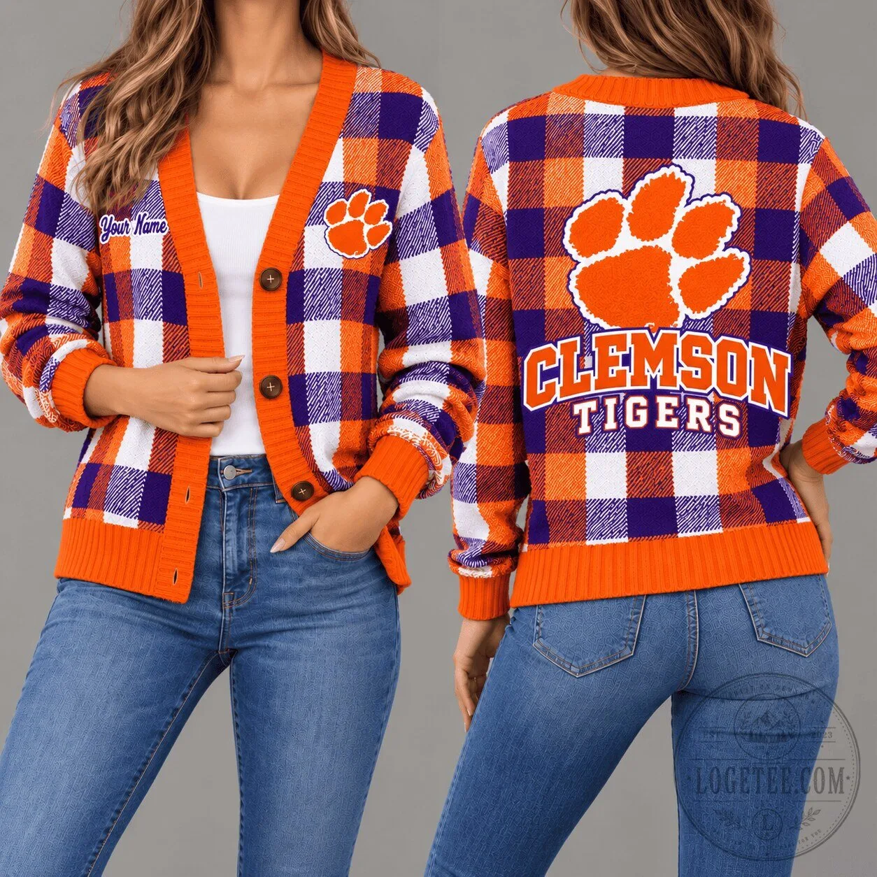 Clemson Tigers Personalized Plaid Knit Cardigan Sweater for Women