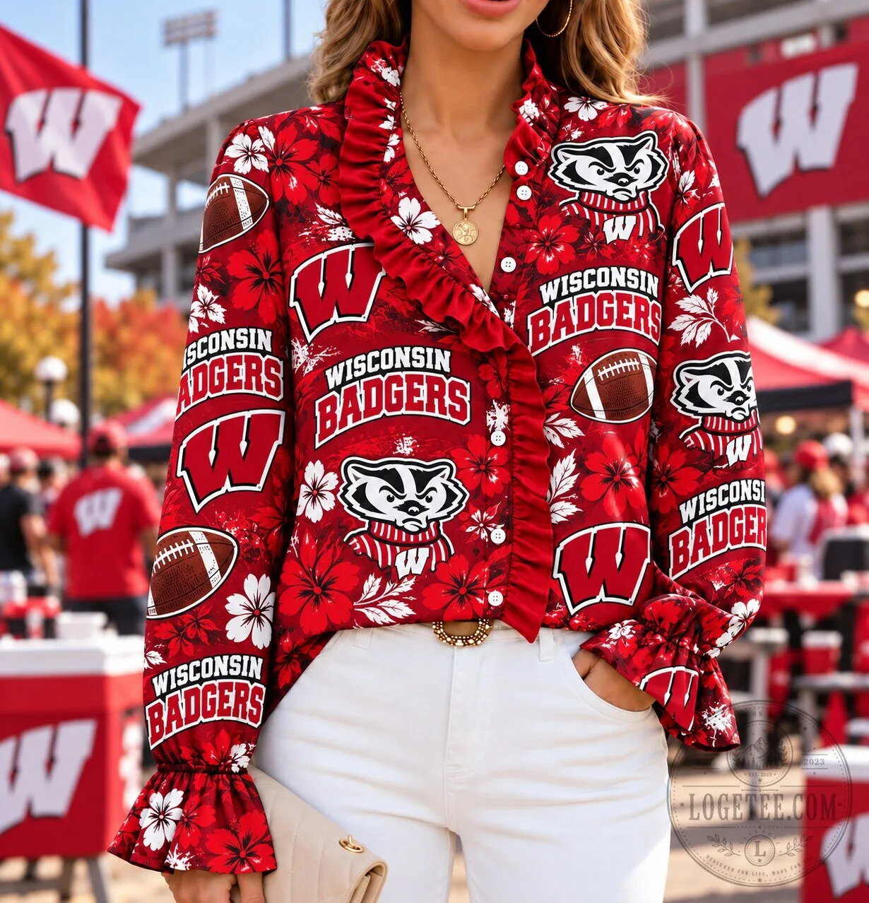 Wisconsin Badgers Floral Ruffle Button Down Long Sleeve Shirt