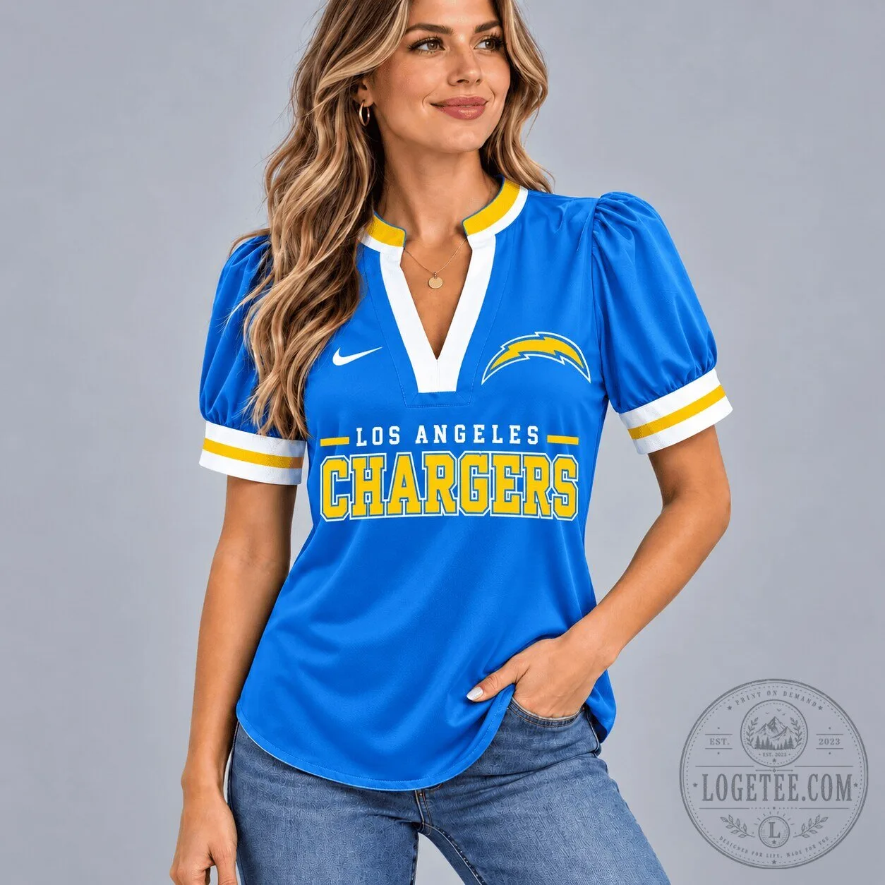 Los Angeles Chargers Women's Puff Sleeve V-Neck Shirt 10 Los Angeles Chargers Women's Puff Sleeve V-Neck Shirt