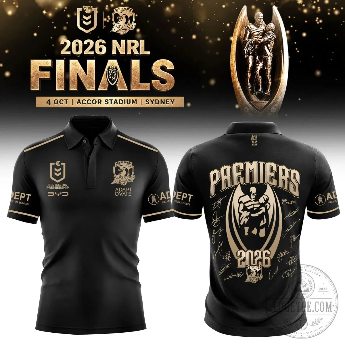Sydney Roosters 2026 NRL Finals Premiers Black Gold Polo Shirt