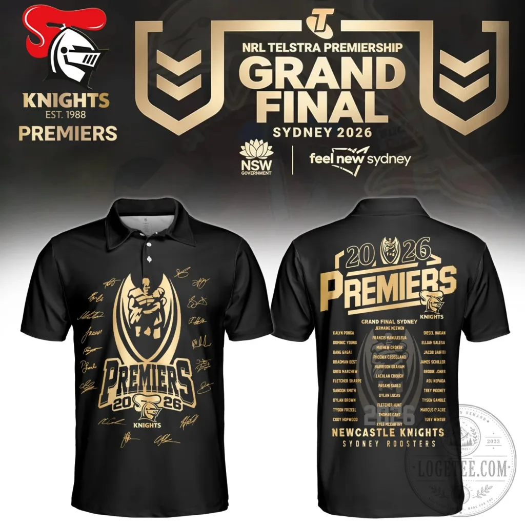 Newcastle Knights NRL Premiers 2026 Grand Final Black Polo Shirt Newcastle Knights NRL Premiers 2026 Grand Final Black Polo Shirt