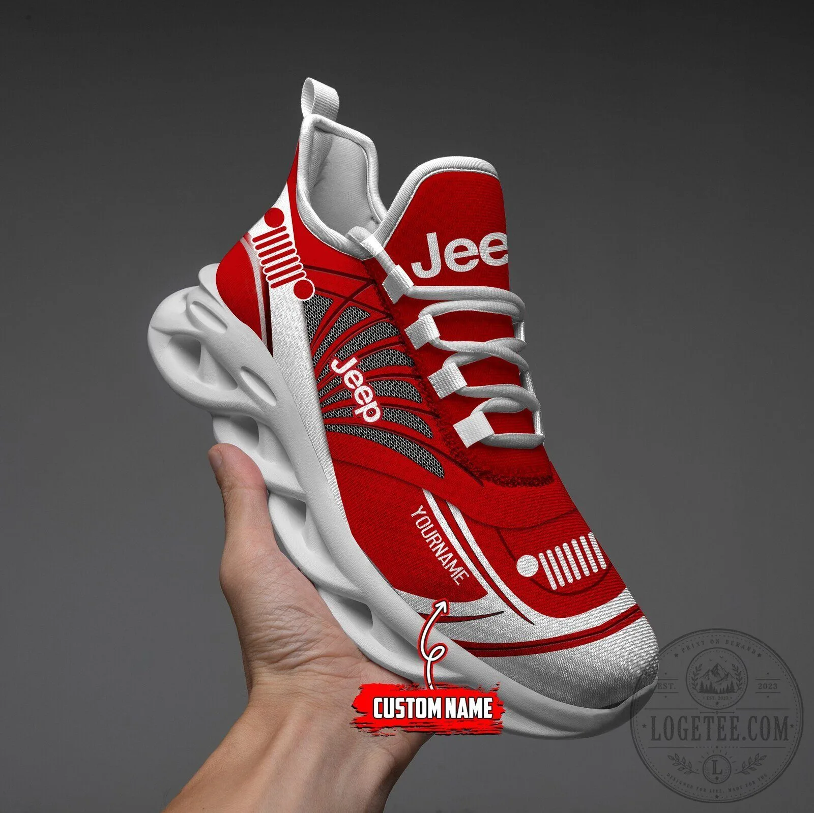 Jeep Red and White Custom Name Chunky Sneakers 9 Jeep Red and White Custom Name Chunky Sneakers