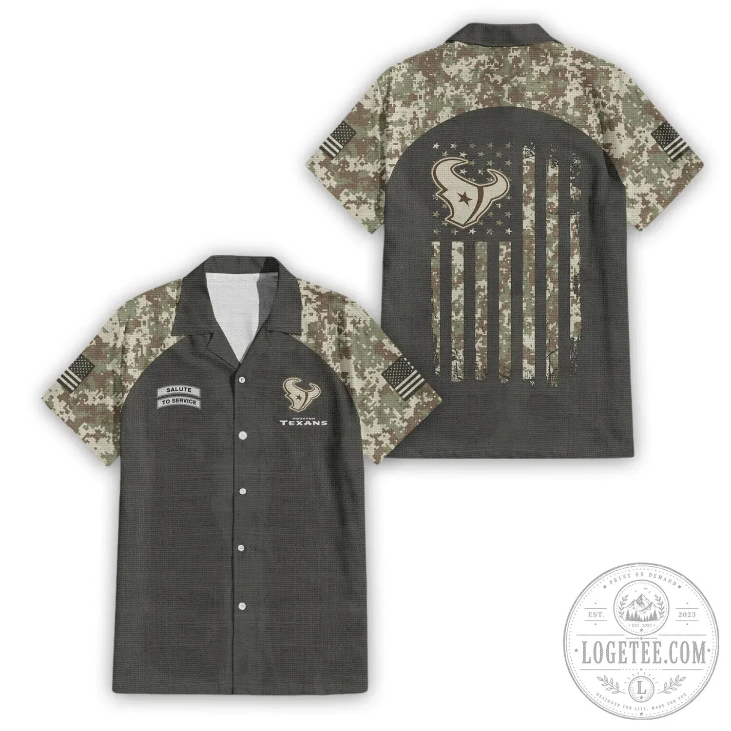 Camouflage Hawaiian Shirt with American Flag for Houston Texans Salute To Service