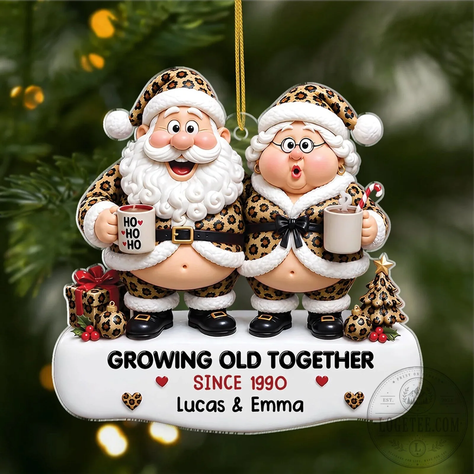Personalized Leopard Santa Claus Couple Christmas Ornament