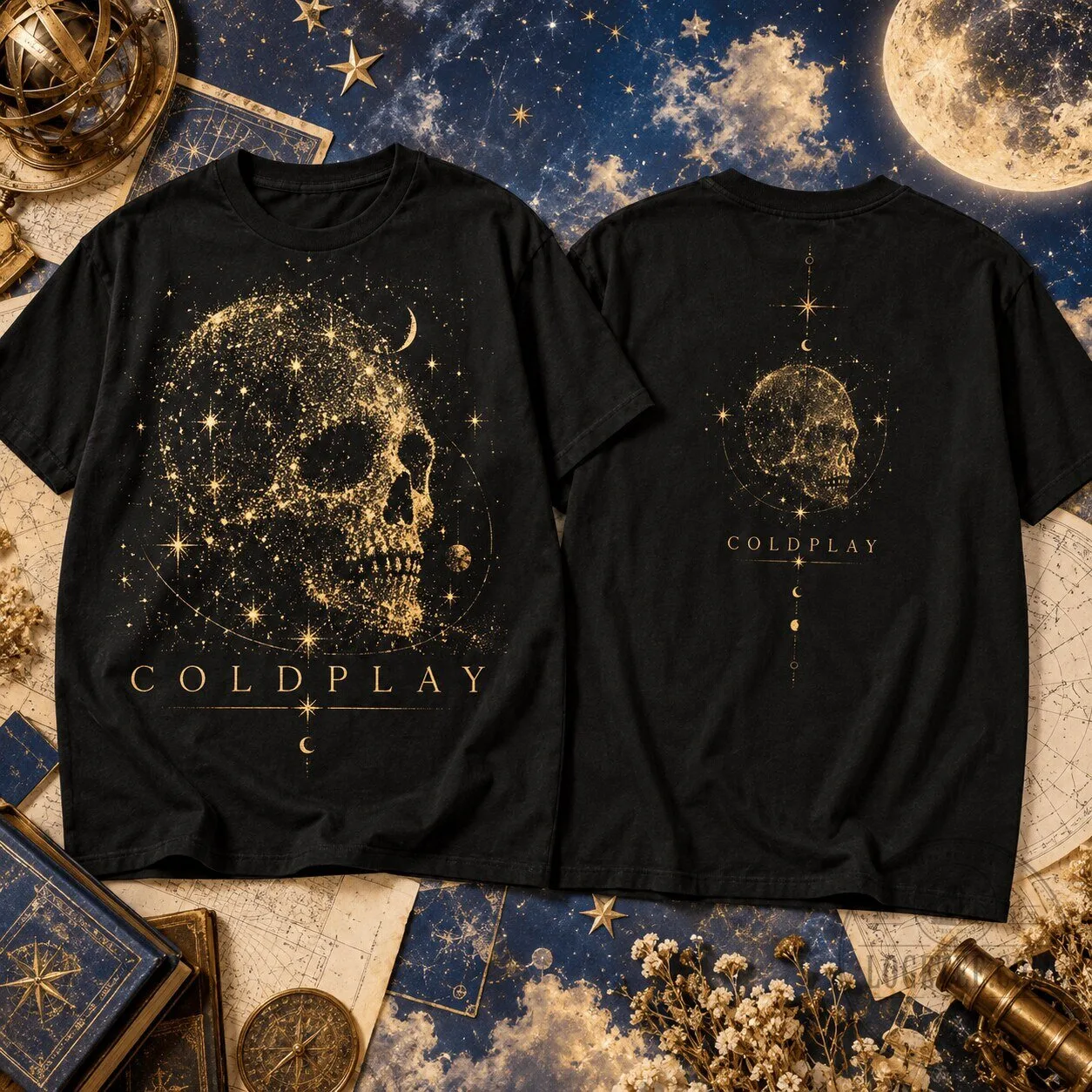 Coldplay Golden Constellation Skull Celestial Band Music Fan T-Shirt 2 Coldplay Golden Constellation Skull Celestial Band Music Fan T-Shirt