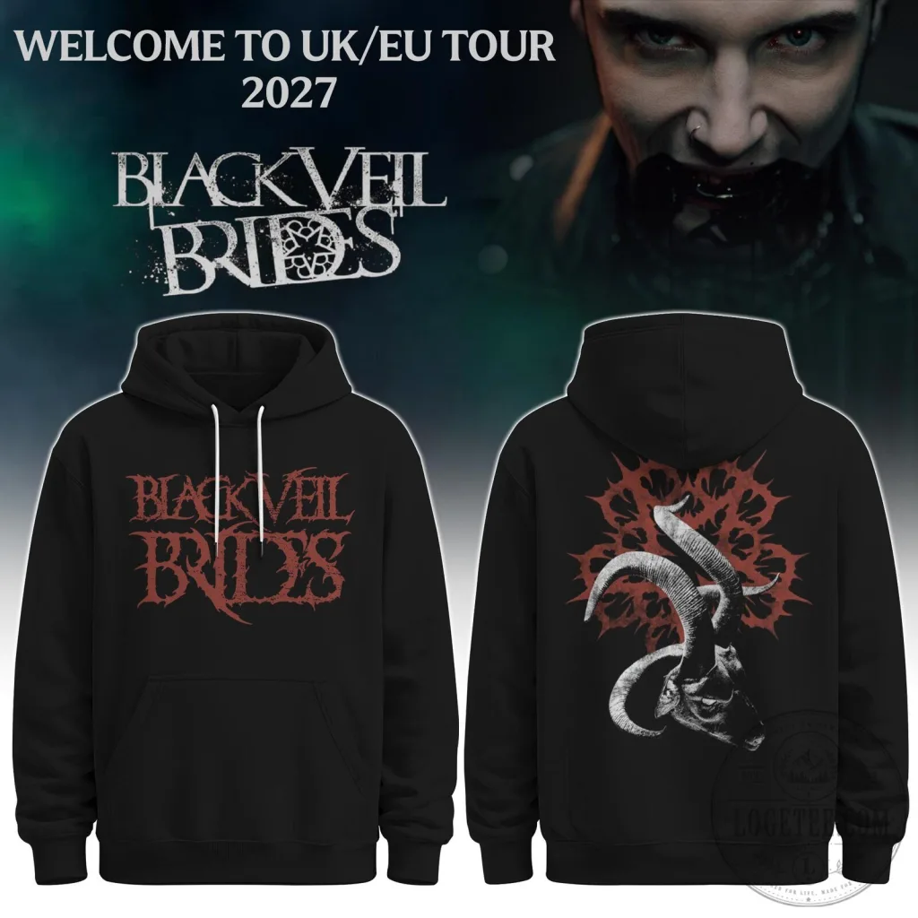UK EU Tour 2027 Black Hoodie with Black Veil Brides Logo UK EU Tour 2027 Black Hoodie with Black Veil Brides Logo