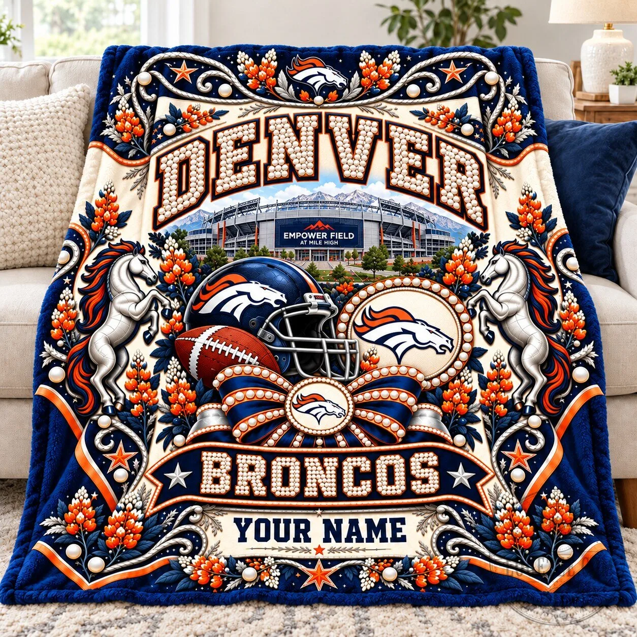 Denver Broncos Football Team Personalized Custom Name Blanket