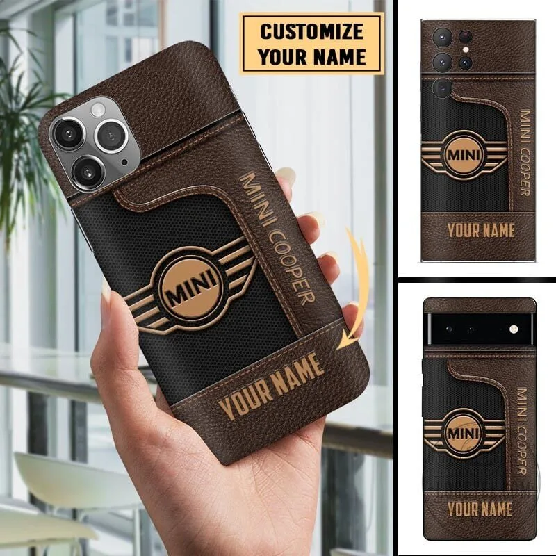 Mini Cooper Personalized Custom Name Brown Leather Phone Case