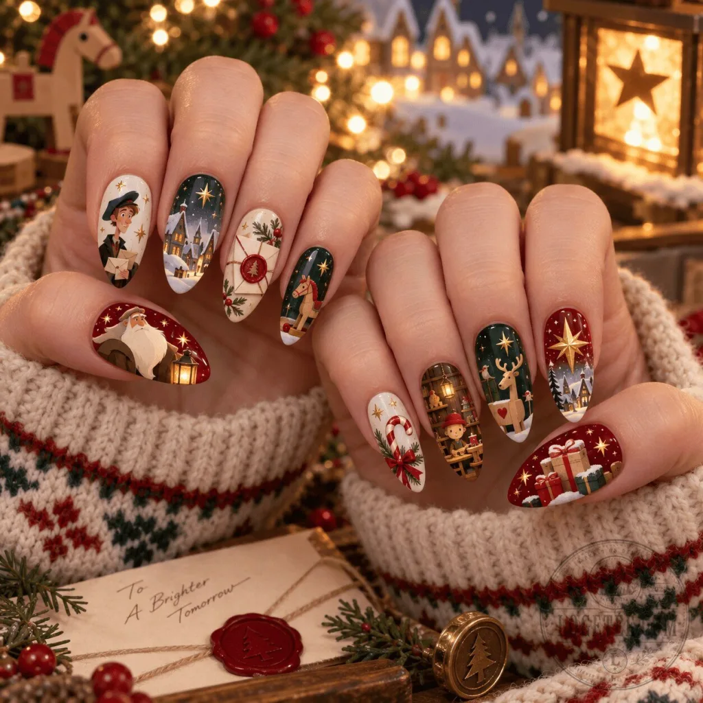 Christmas Holiday Village Press On Nails Set with Santa and Reindeer Designs Christmas Holiday Village Press On Nails Set with Santa and Reindeer Designs