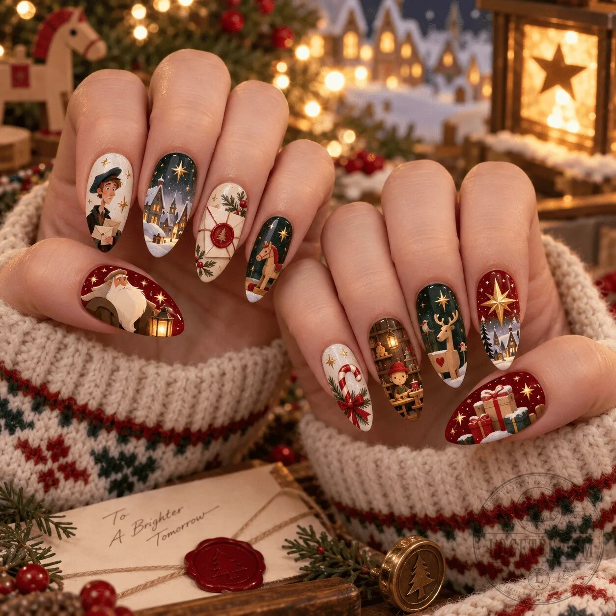 Christmas Holiday Village Press On Nails Set with Santa and Reindeer Designs