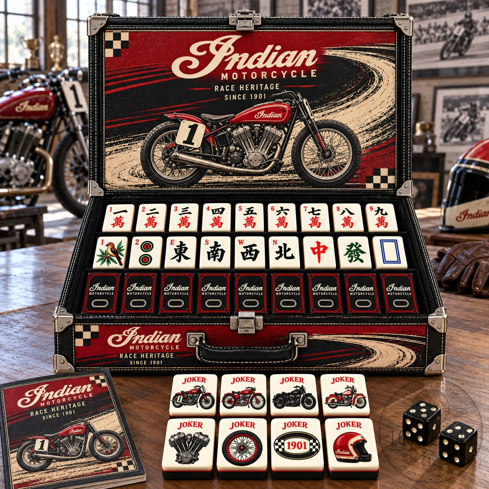 Indian Motorcycle Race Heritage Mahjong Tiles Set with Case