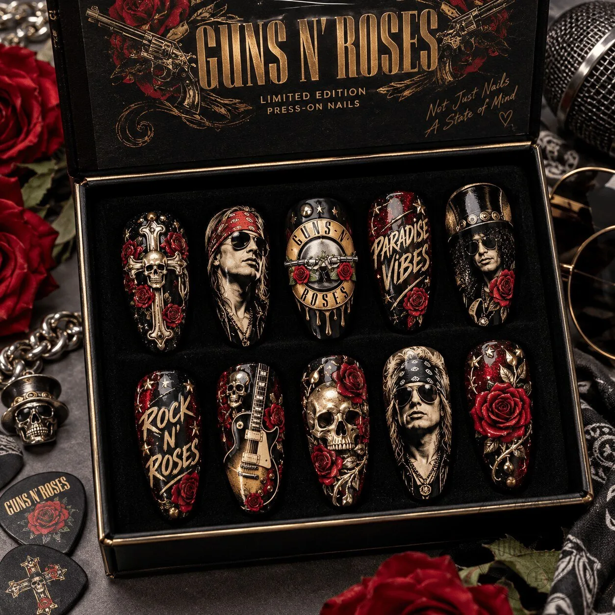 Guns N' Roses Skulls and Roses Rock Band Press-On Nails Set 1 Guns N' Roses Skulls and Roses Rock Band Press-On Nails Set