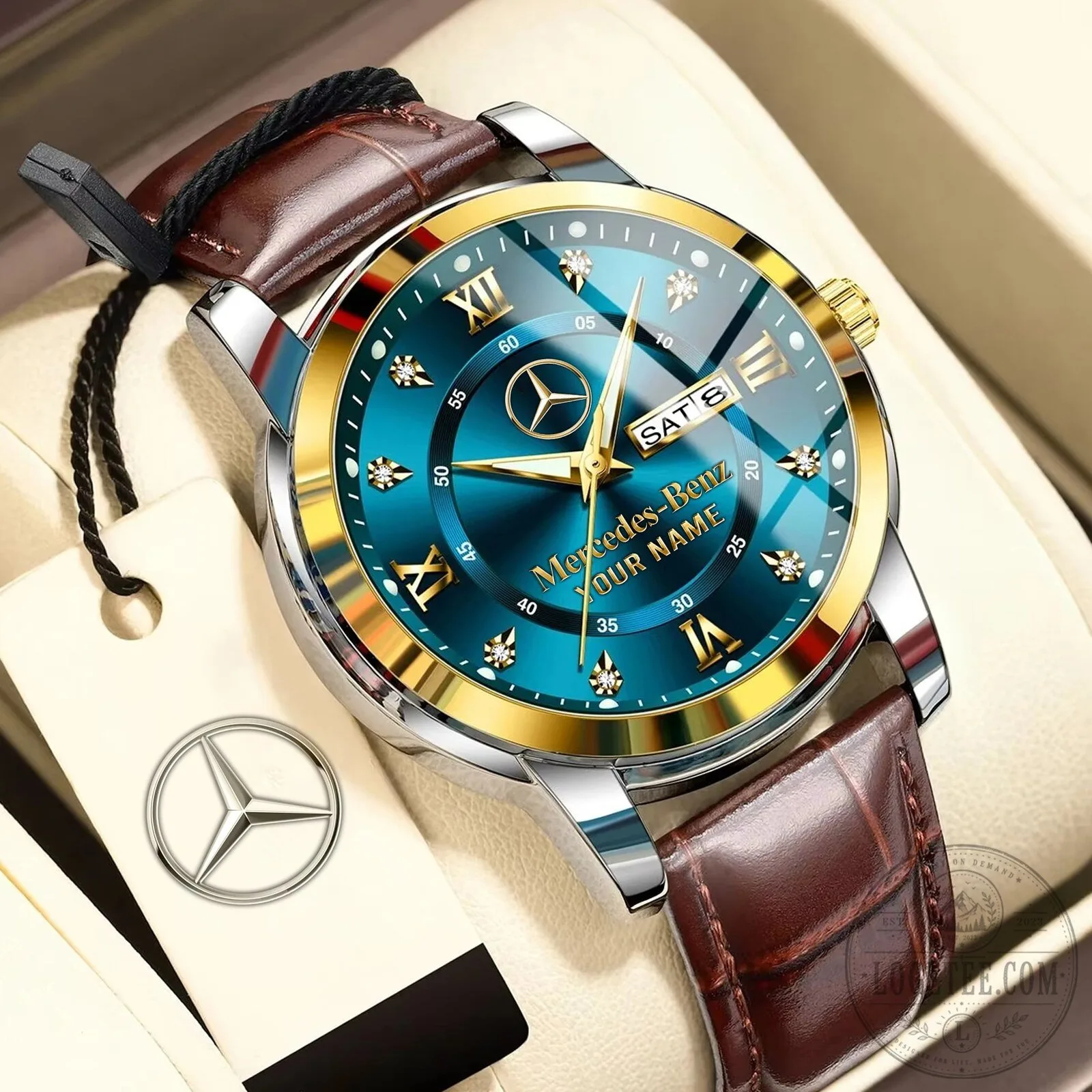 Mercedes-Benz Custom Name Luxury Gold Bezel Blue Dial Men's Watch