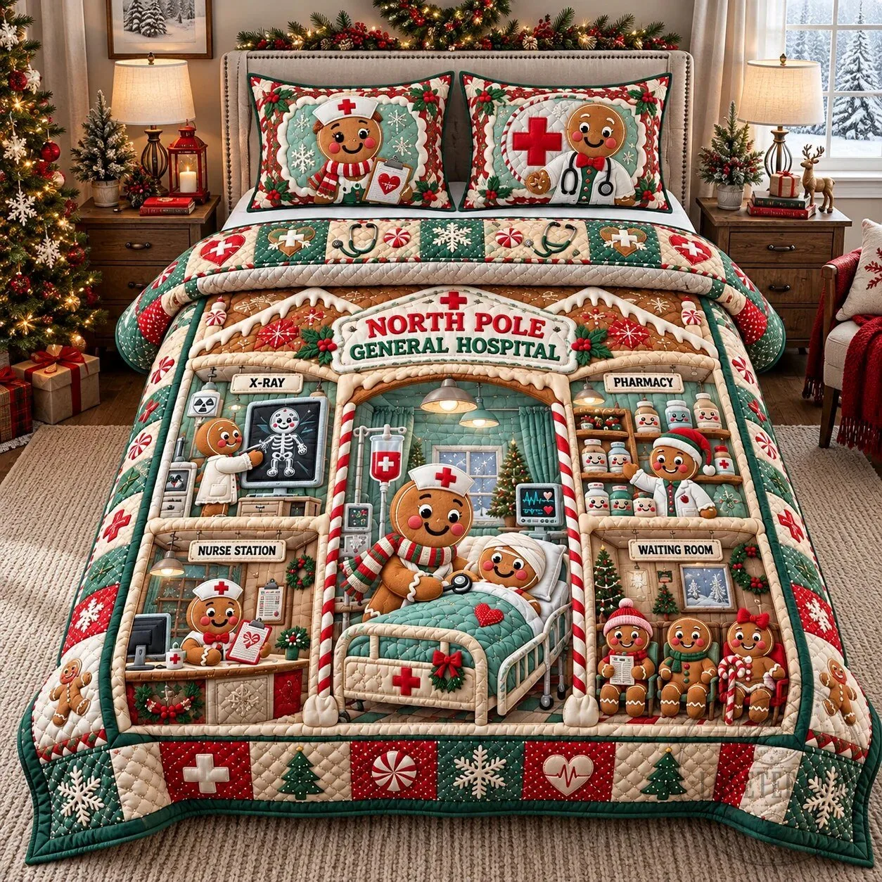 North Pole General Hospital Gingerbread Christmas Quilted Bedding Set
