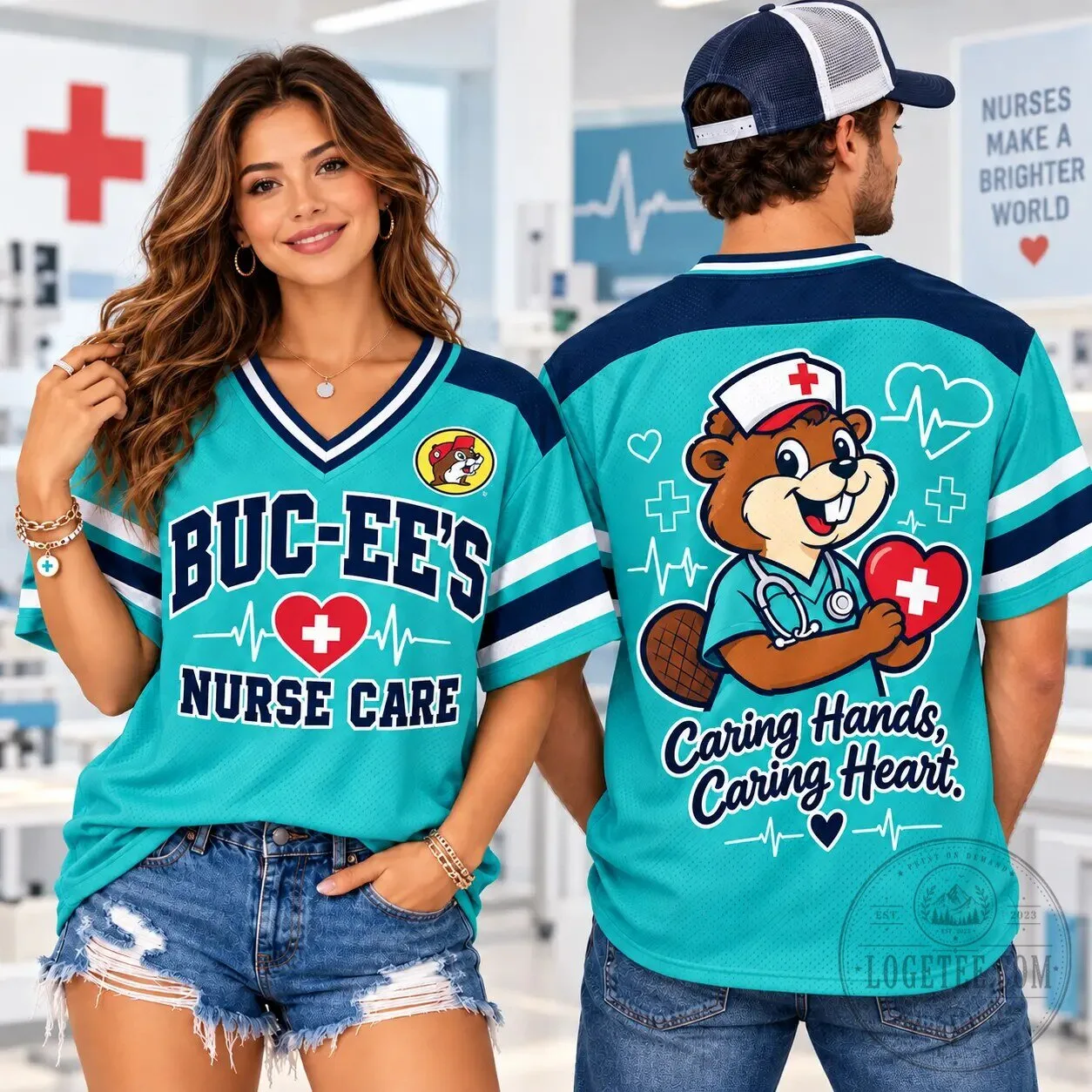 Buc-ee's Nurse Care V-Neck Baseball Jersey for Caring Hands and Heart Days