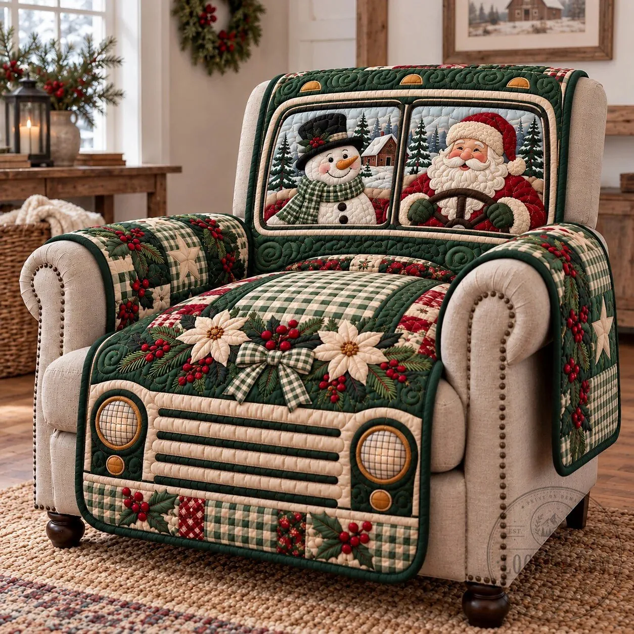 Jolly Santa Claus and Snowman Christmas Truck Quilted Sofa Cover