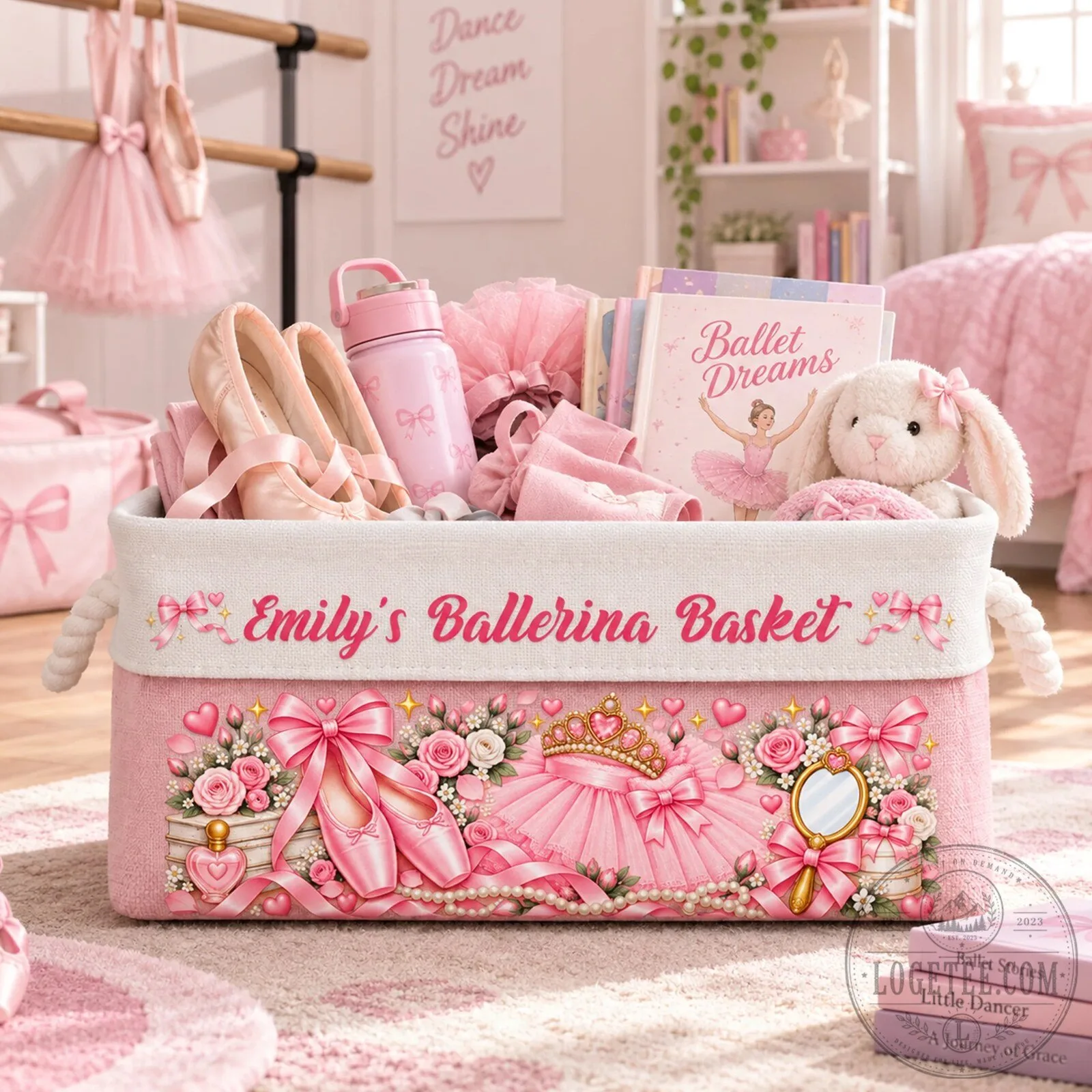 Personalized Ballerina Basket with Handles for Girls, Custom Ballet Storage Bin 11 Personalized Ballerina Basket with Handles for Girls, Custom Ballet Storage Bin