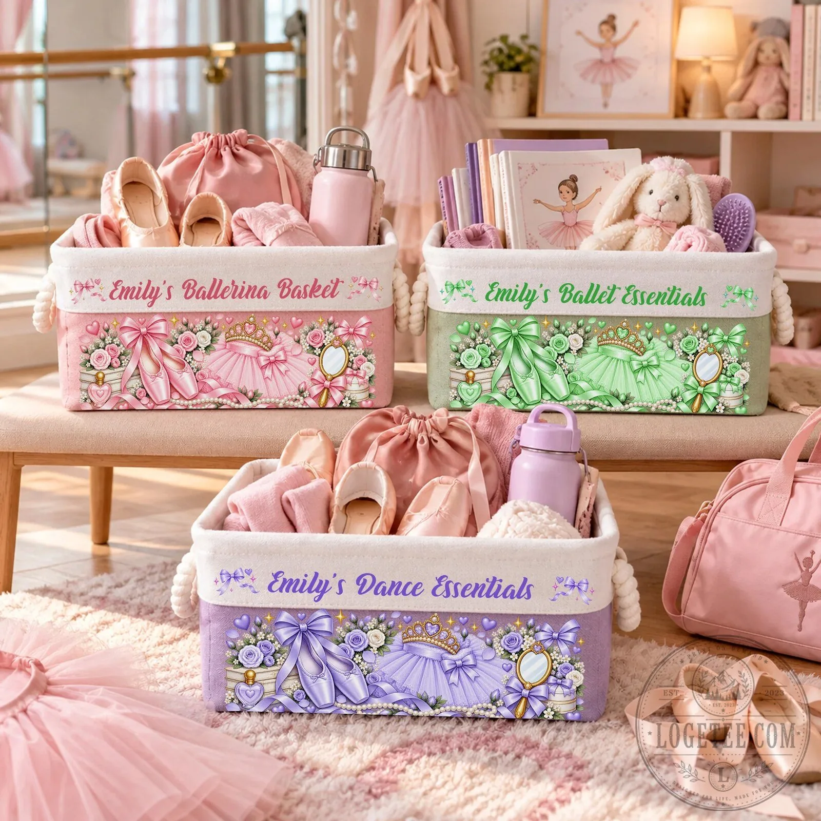 Personalized Ballerina Basket with Handles for Girls, Custom Ballet Storage Bin 12 Personalized Ballerina Basket with Handles for Girls, Custom Ballet Storage Bin