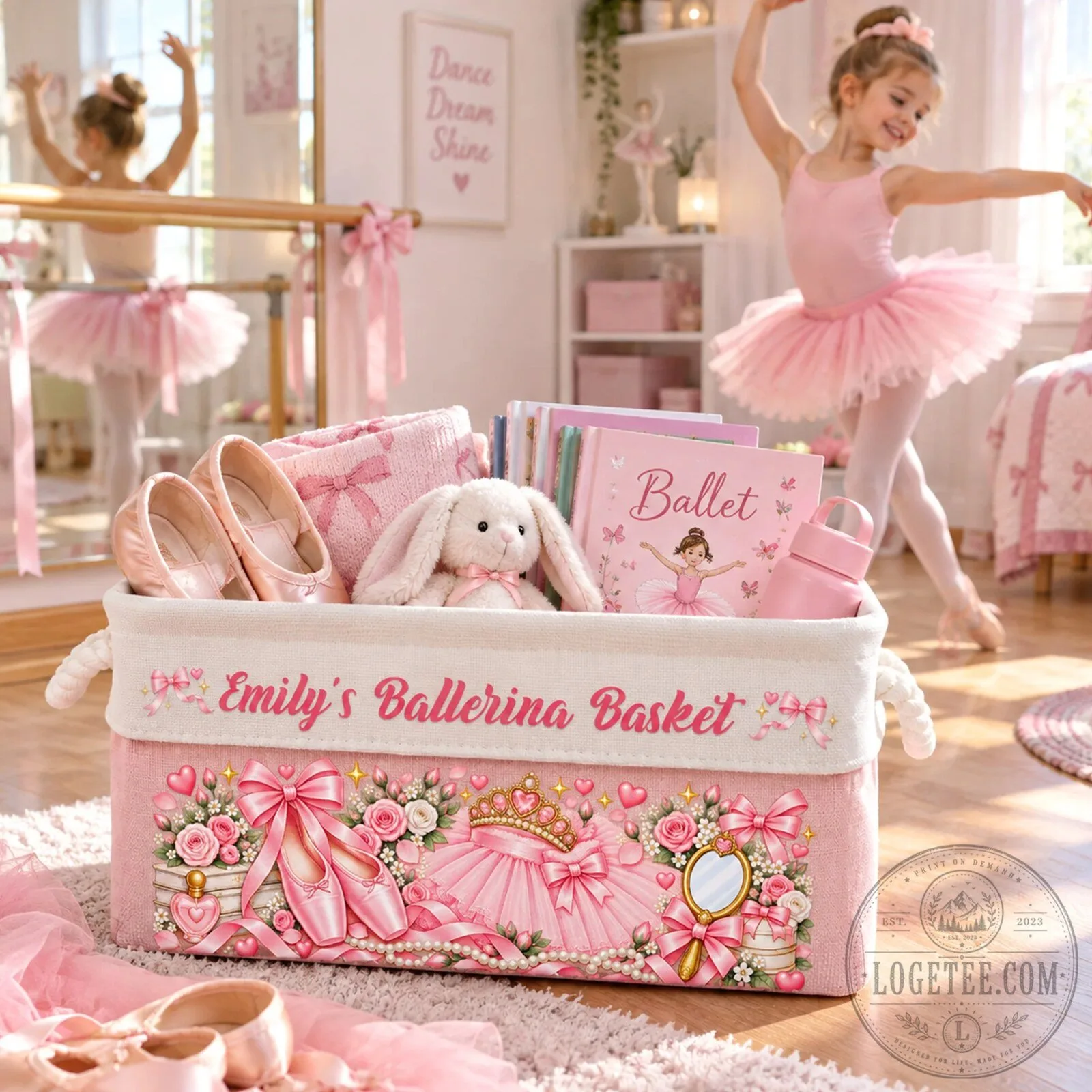 Personalized Ballerina Basket with Handles for Girls, Custom Ballet Storage Bin 15 Personalized Ballerina Basket with Handles for Girls, Custom Ballet Storage Bin