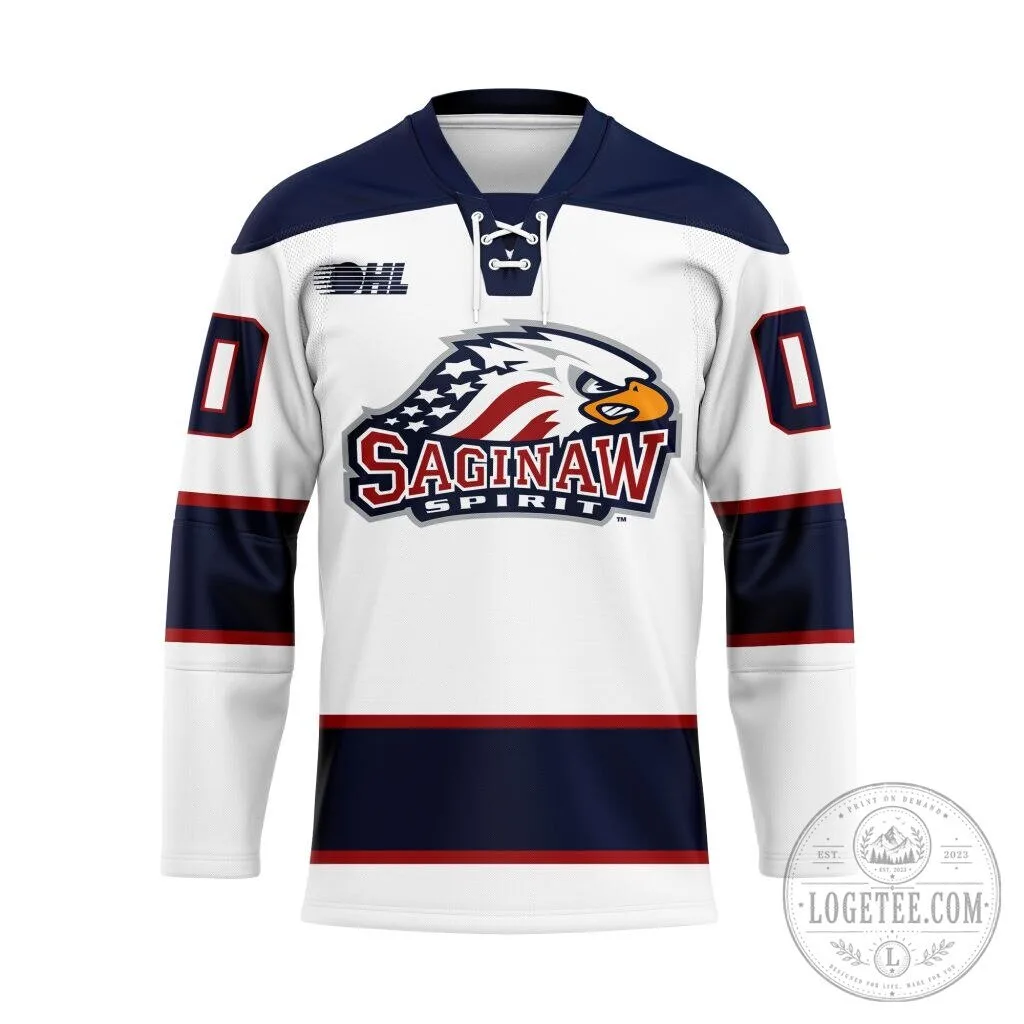 Saginaw Spirit Personalized White Lace Hockey Jersey 1 Saginaw Spirit Personalized White Lace Hockey Jersey