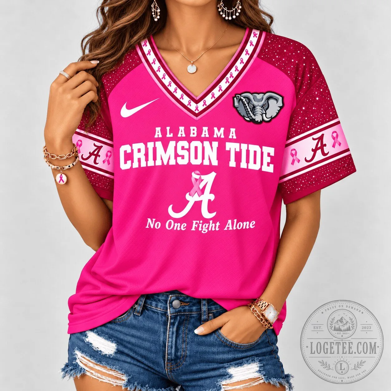 Alabama Crimson Tide No One Fights Alone Breast Cancer Awareness V-Neck T-Shirt 1 Alabama Crimson Tide No One Fights Alone Breast Cancer Awareness V-Neck T-Shirt