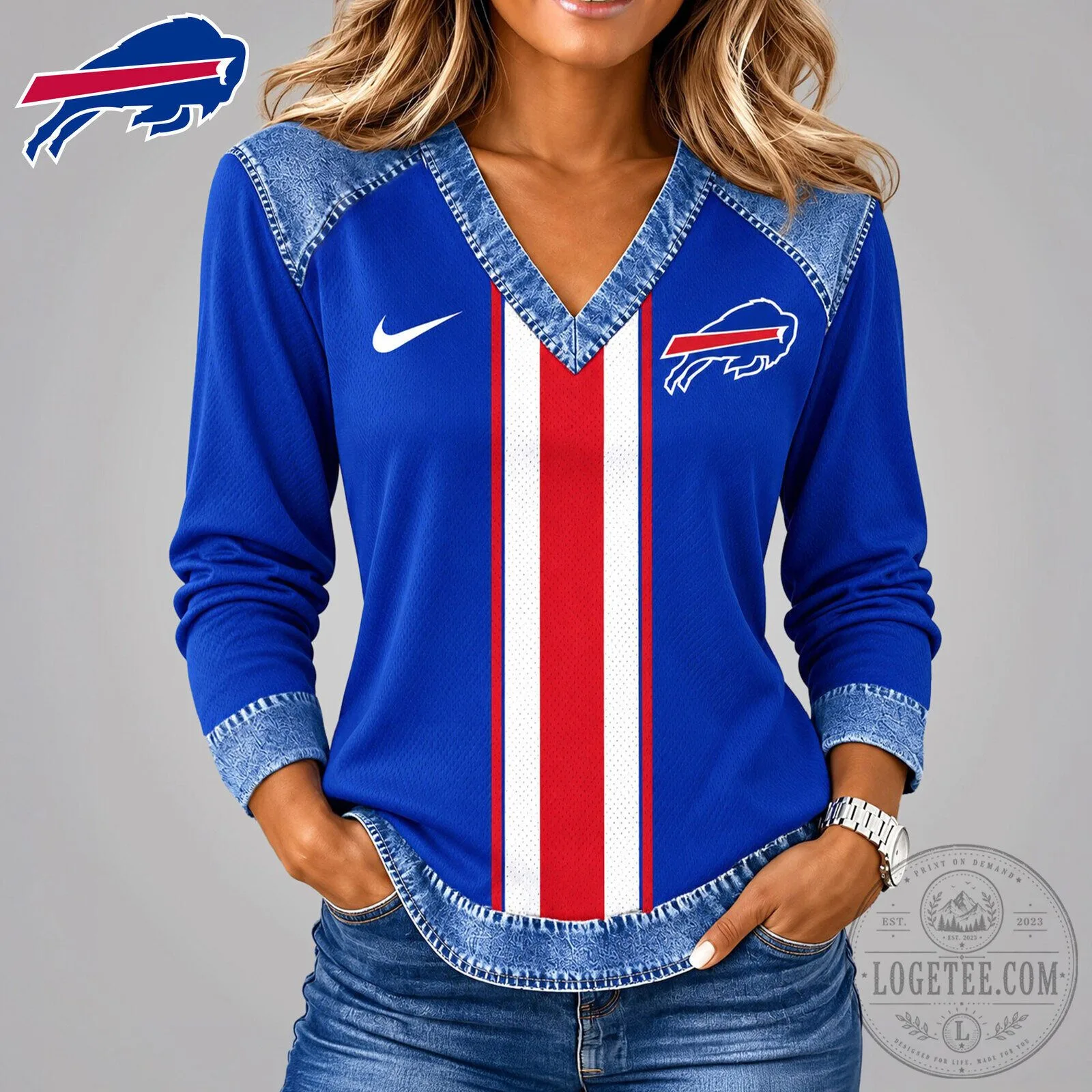 Buffalo Bills Football Team Royal Blue Long Sleeve V-Neck Shirt