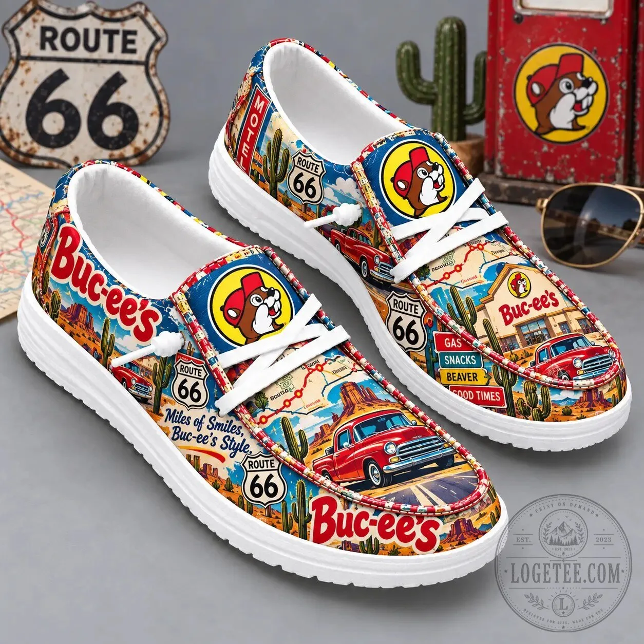 Buc-ee's Route 66 Vintage Car Print Canvas Loafer Shoes for Men and Women 2 Buc-ee's Route 66 Vintage Car Print Canvas Loafer Shoes for Men and Women