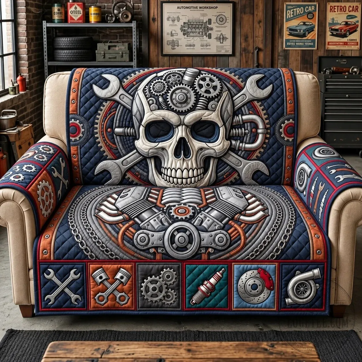 Mechanic Skull Engine Automotive Workshop Sofa Cover