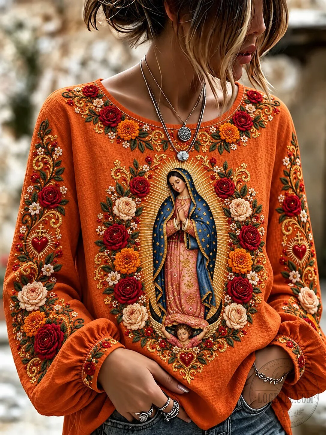 Our Lady of Guadalupe Embroidered Floral Religious Long Sleeve Top