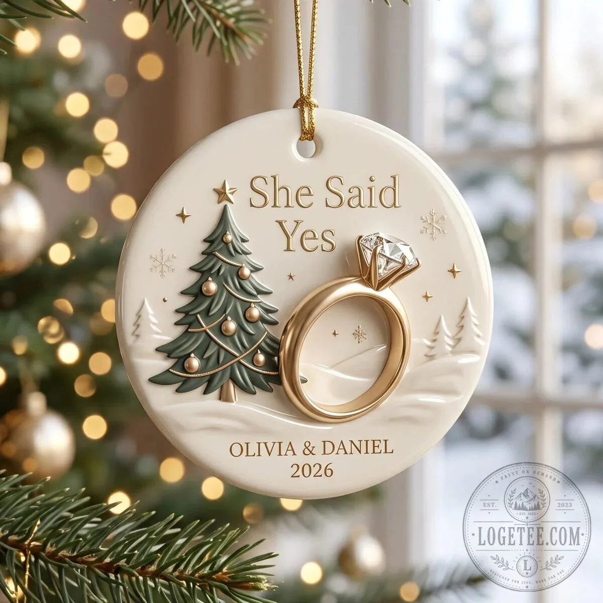 Personalized She Said Yes Engagement Christmas Tree Ornament