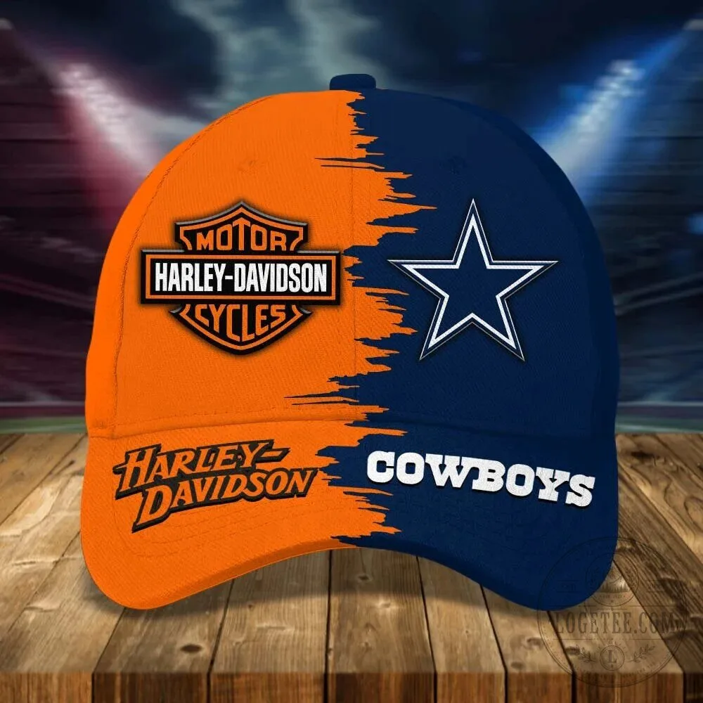 Dallas Cowboys and Harley Davidson Motorcycle Logo Split Design Cap Hat