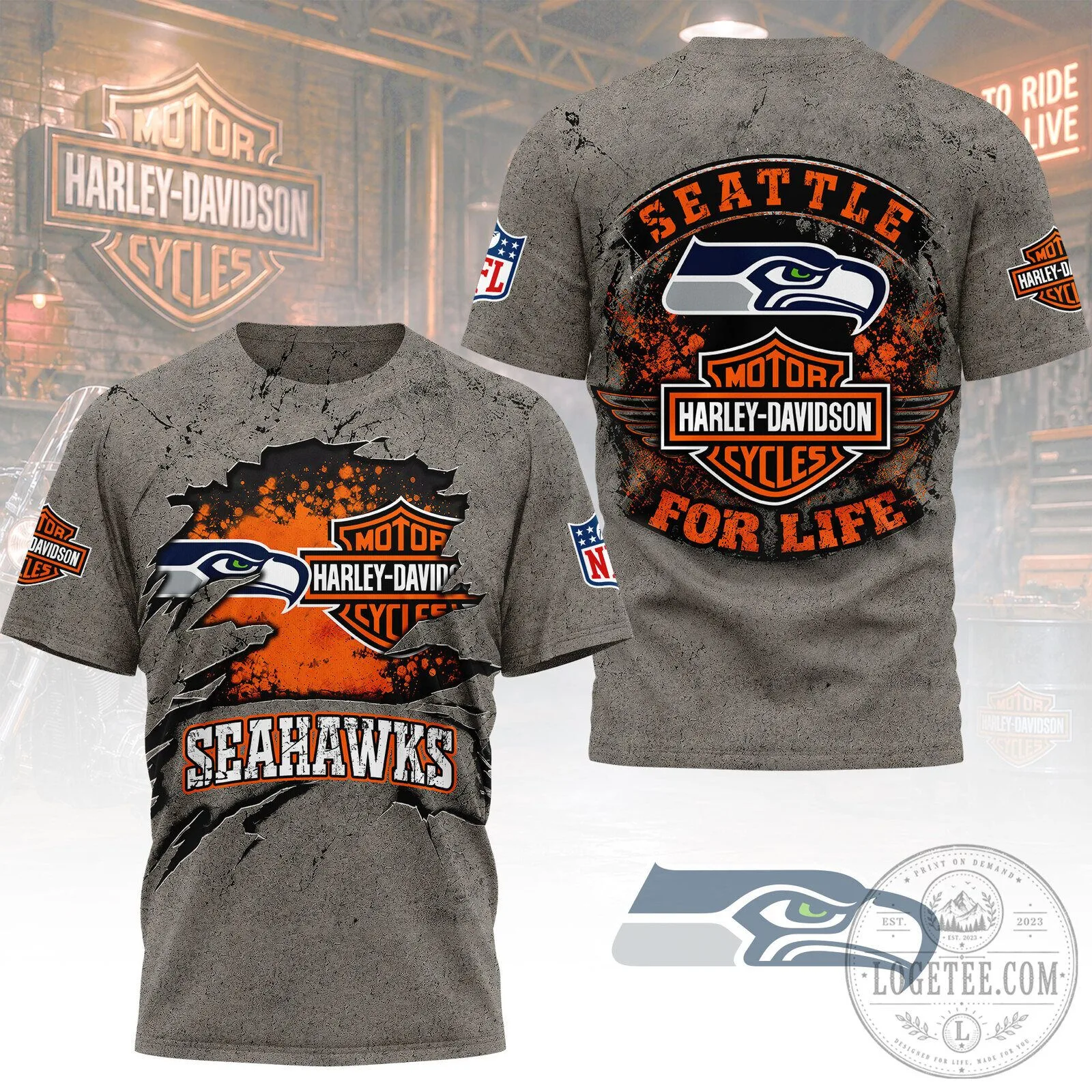 Seattle Seahawks Harley Davidson For Life Distressed Gray Graphic T-Shirt