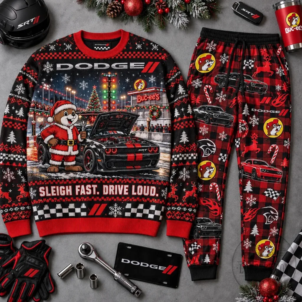 Dodge Challenger SRT Buc-ee's Christmas Holiday Ugly Sweater and Jogger Pants Set Dodge Challenger SRT Buc-ee's Christmas Holiday Ugly Sweater and Jogger Pants Set