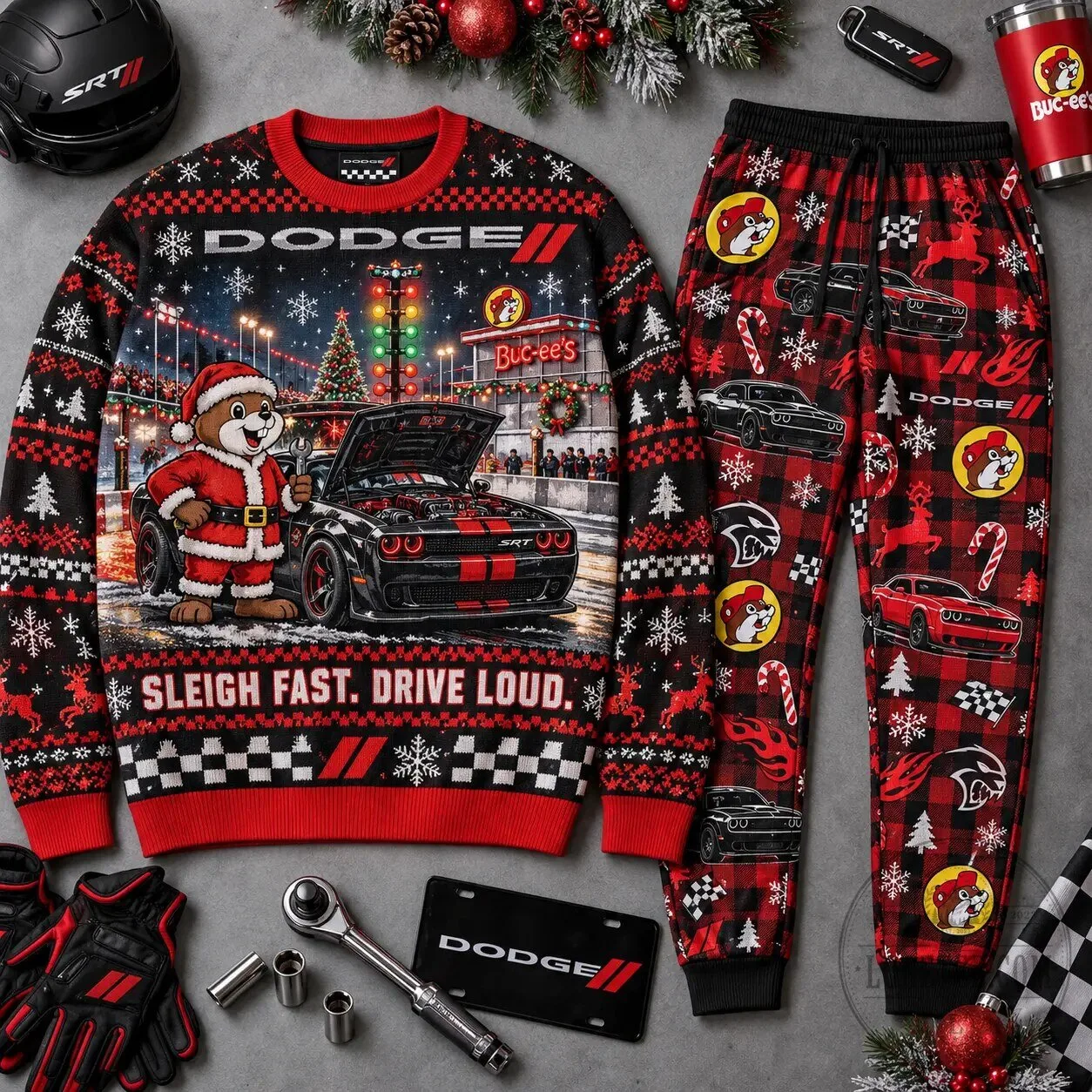 Dodge Challenger SRT Buc-ee's Christmas Holiday Ugly Sweater and Jogger Pants Set 7 Dodge Challenger SRT Buc-ee