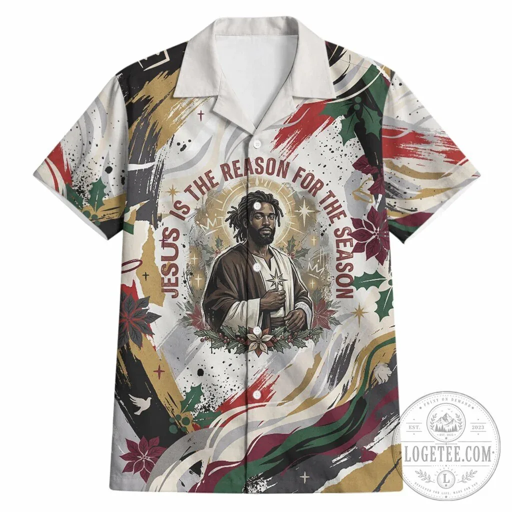King Jesus Black Christmas Hawaiian Shirt Religious Christian Faith Nativity Poinsettia TS04