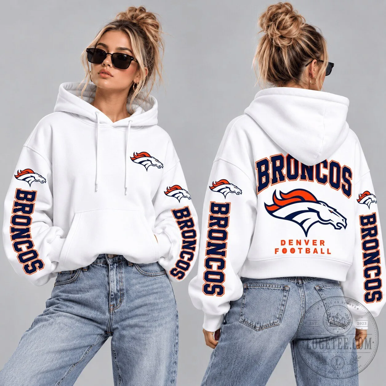 Denver Broncos Football Team Logo White Pullover Hoodie for Women