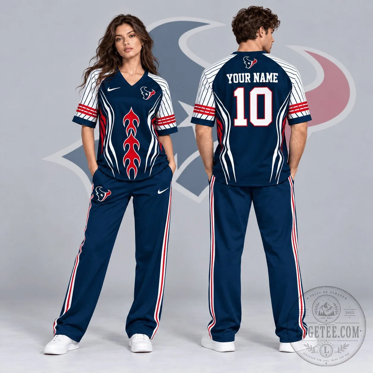 Houston Texans Custom Name Number Flame Graphic V-Neck Football Jersey