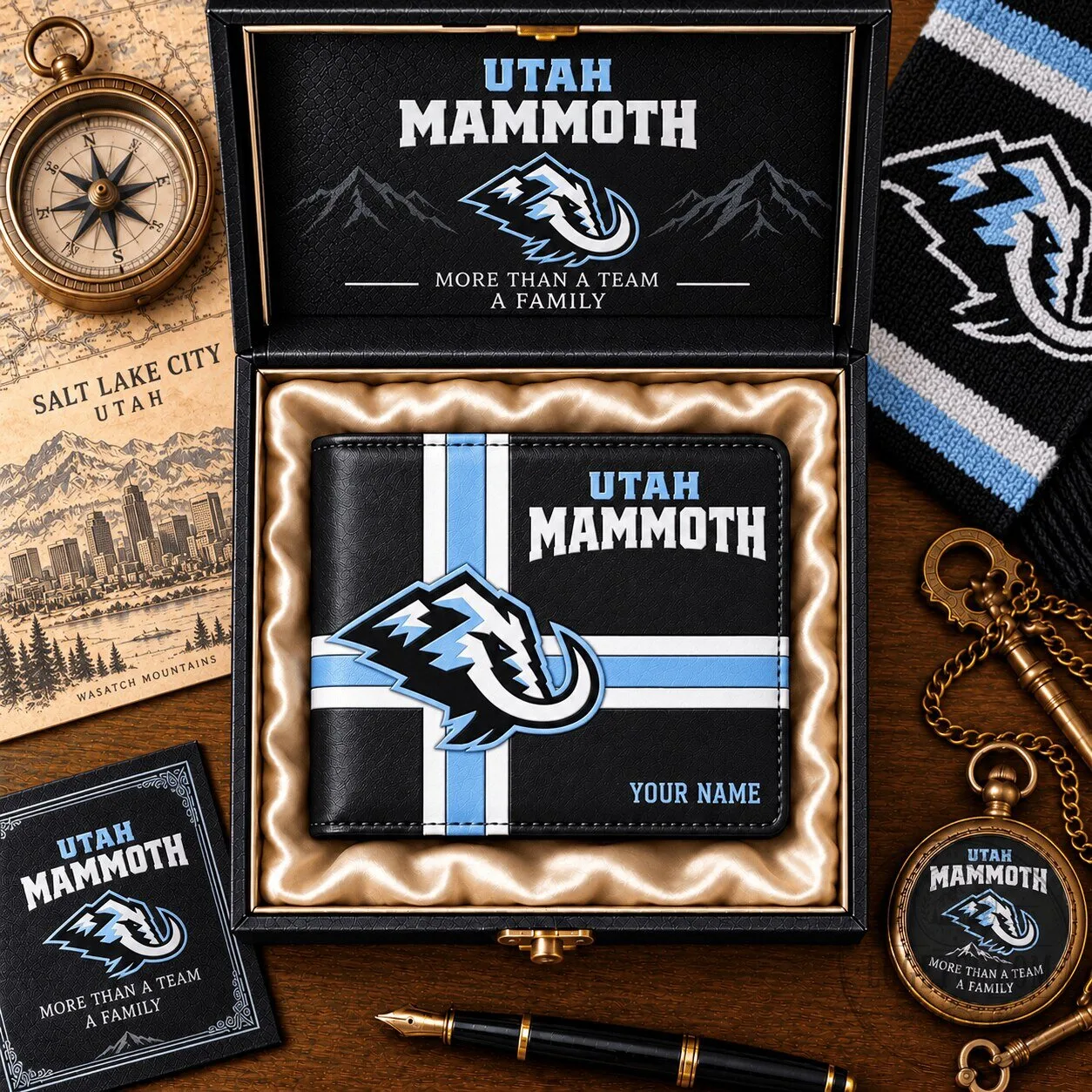 Utah Mammoth Ice Hockey Team Custom Name Black Leather Wallet