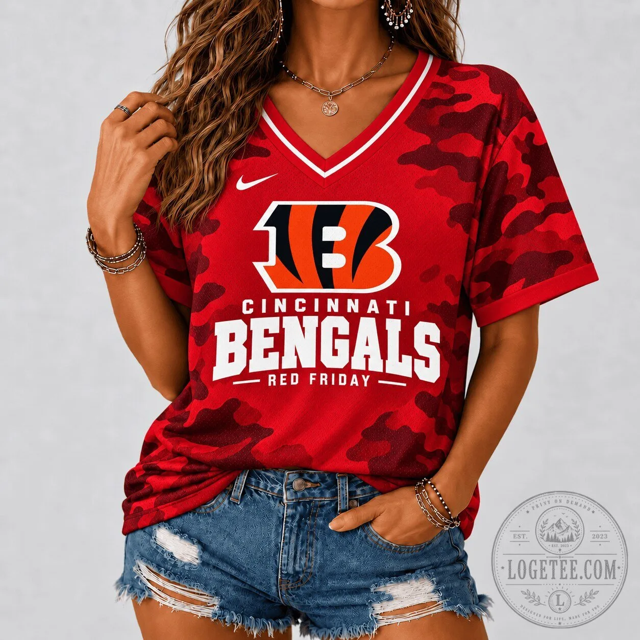 Cincinnati Bengals Red Friday Camouflage Football Fan V-Neck Jersey