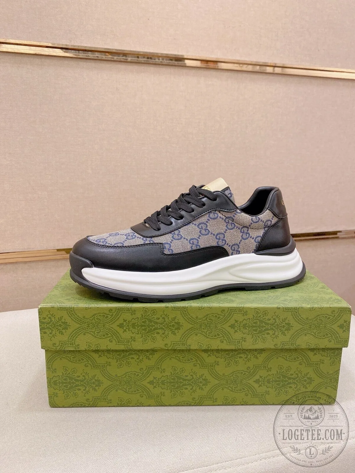 Gucci Monogram Pattern Black Leather Sneakers