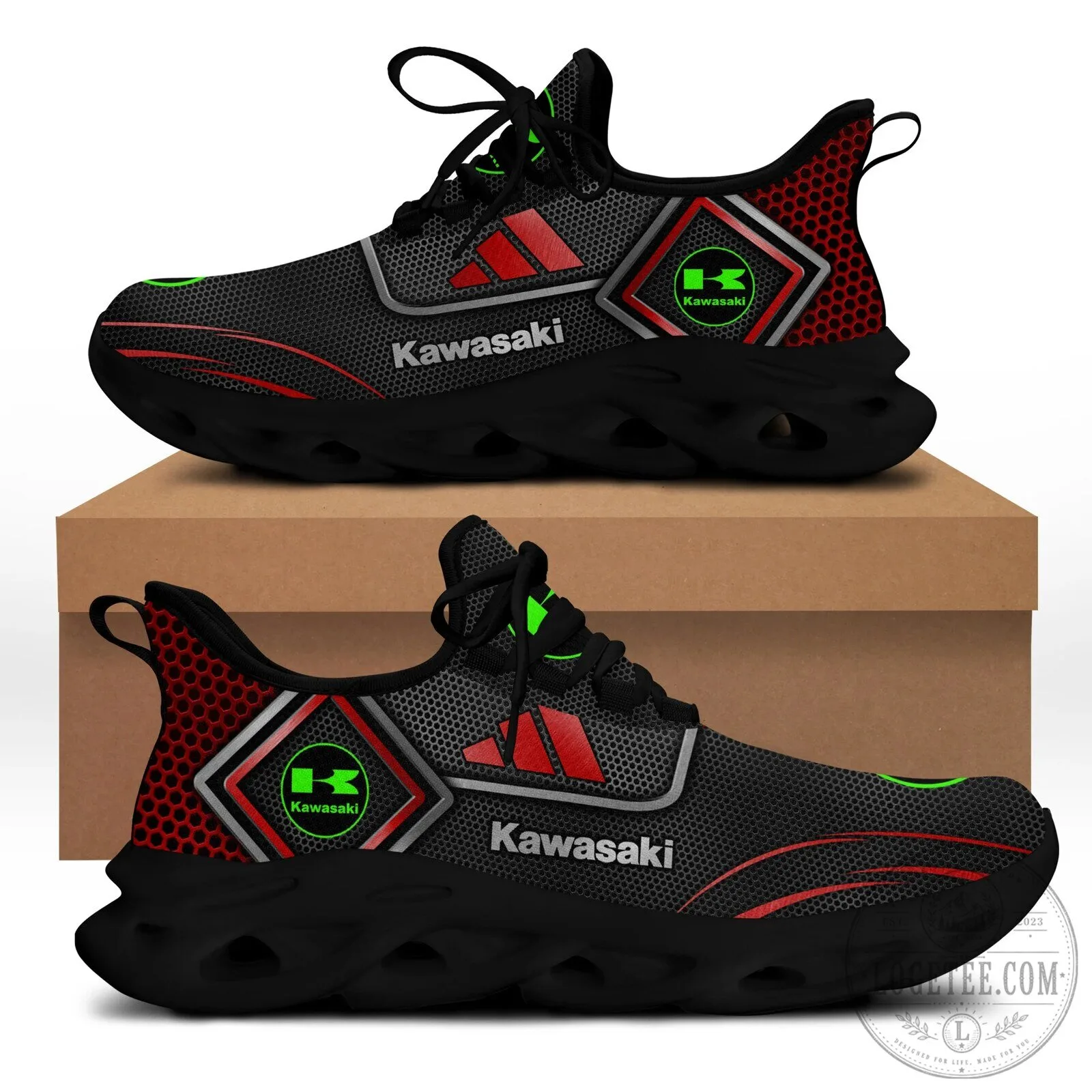 Kawasaki Motorcycle Brand Logo Black and Red Running Shoes