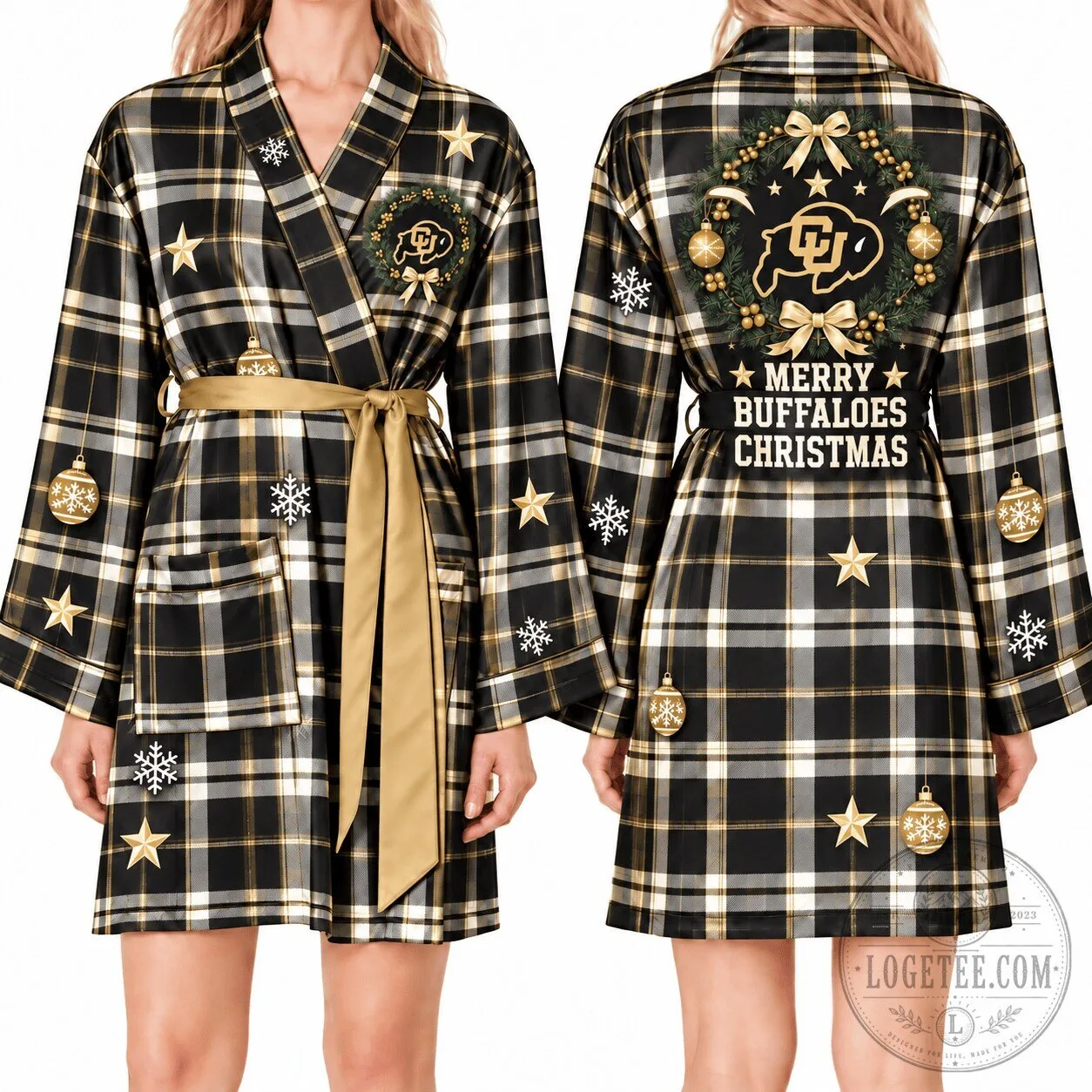 Colorado Buffaloes Christmas Plaid Pattern Satin Bathrobe