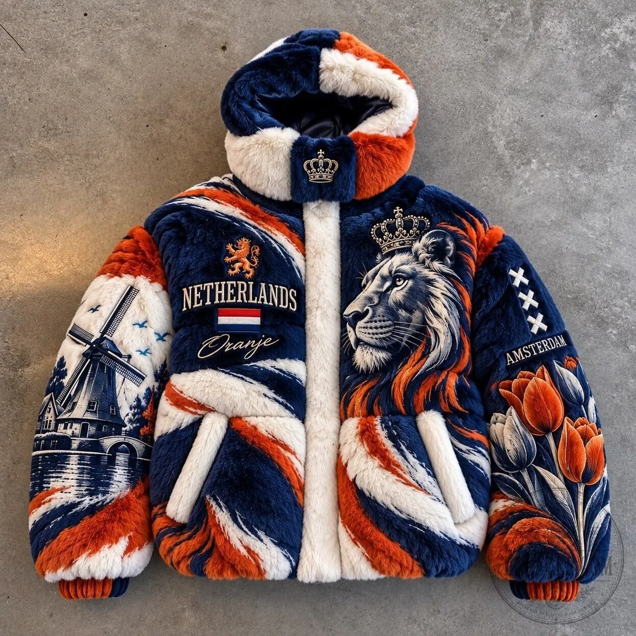 Netherlands Oranje Lion Amsterdam Windmill Tulips Furry Winter Jacket