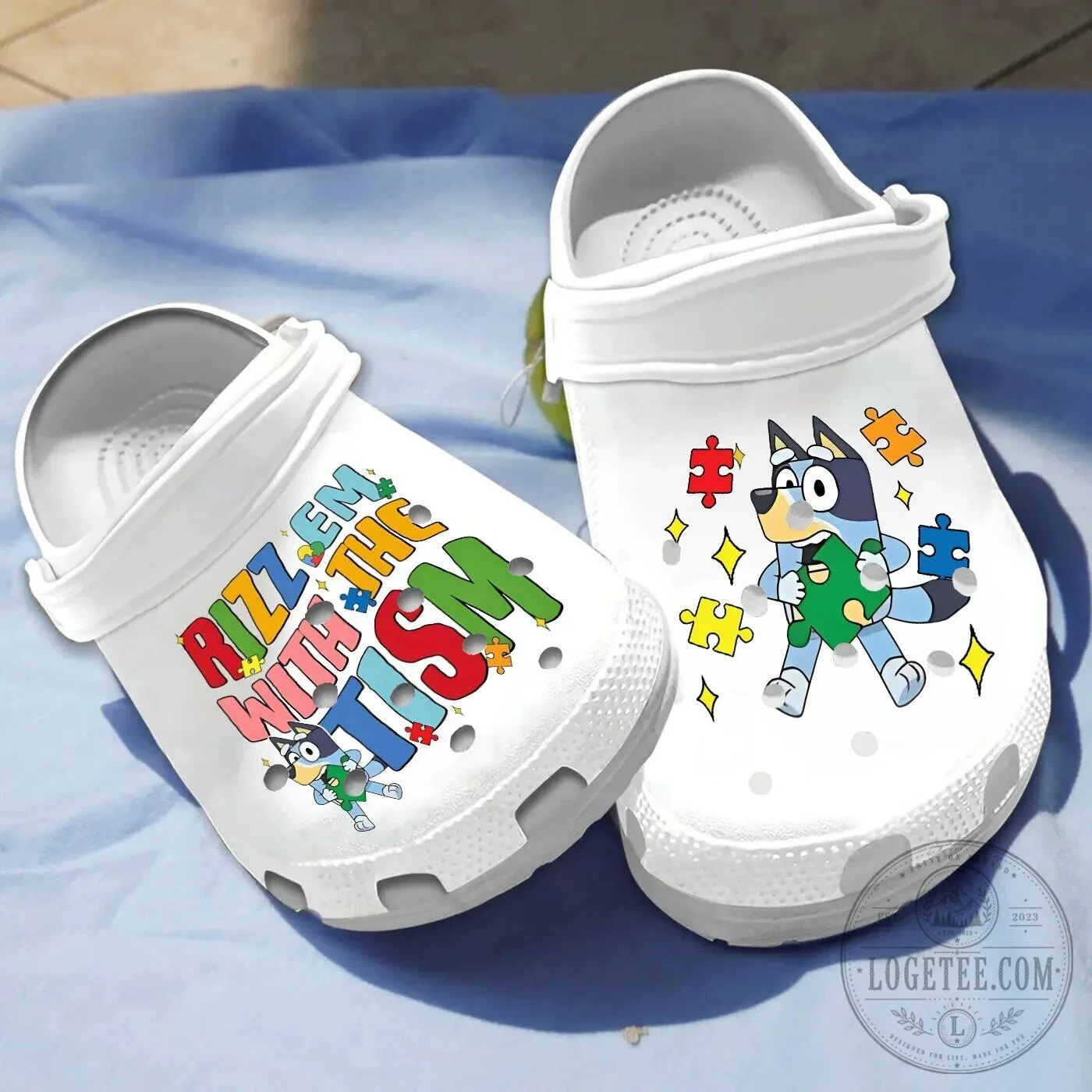 Bluey Autism Awareness Rizz Em With The Tism White Clogs Shoes