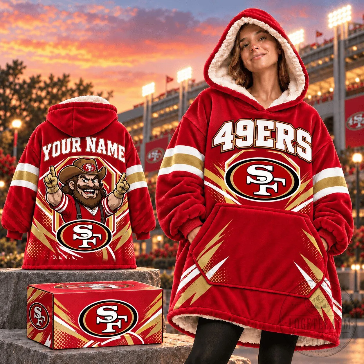 San Francisco 49ers NFL Custom Name Sherpa Fleece Blanket Hoodie